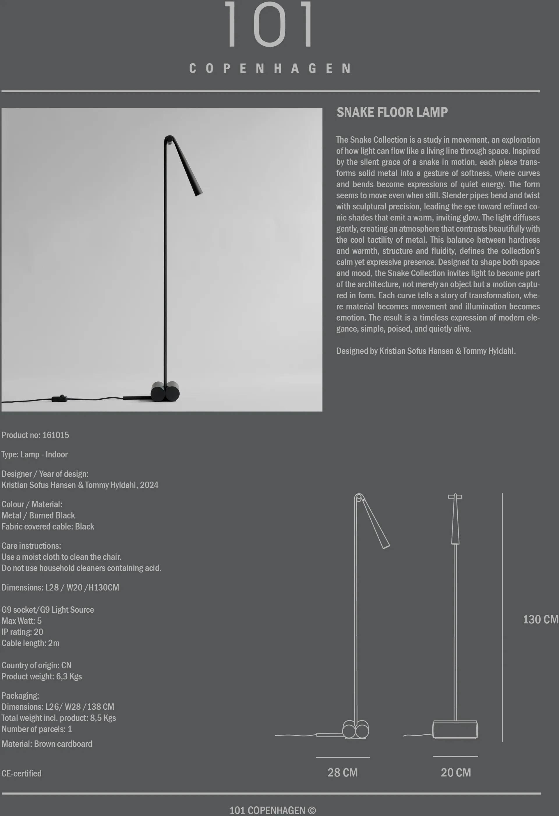 Snake floor lamp, Burned Black 101 Copenhagen