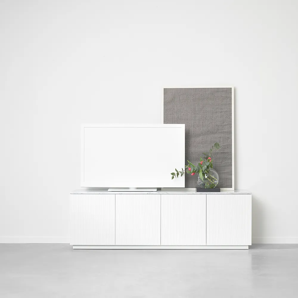 Beam side table, White lacquer, white base, tabletop in carrara marble A2