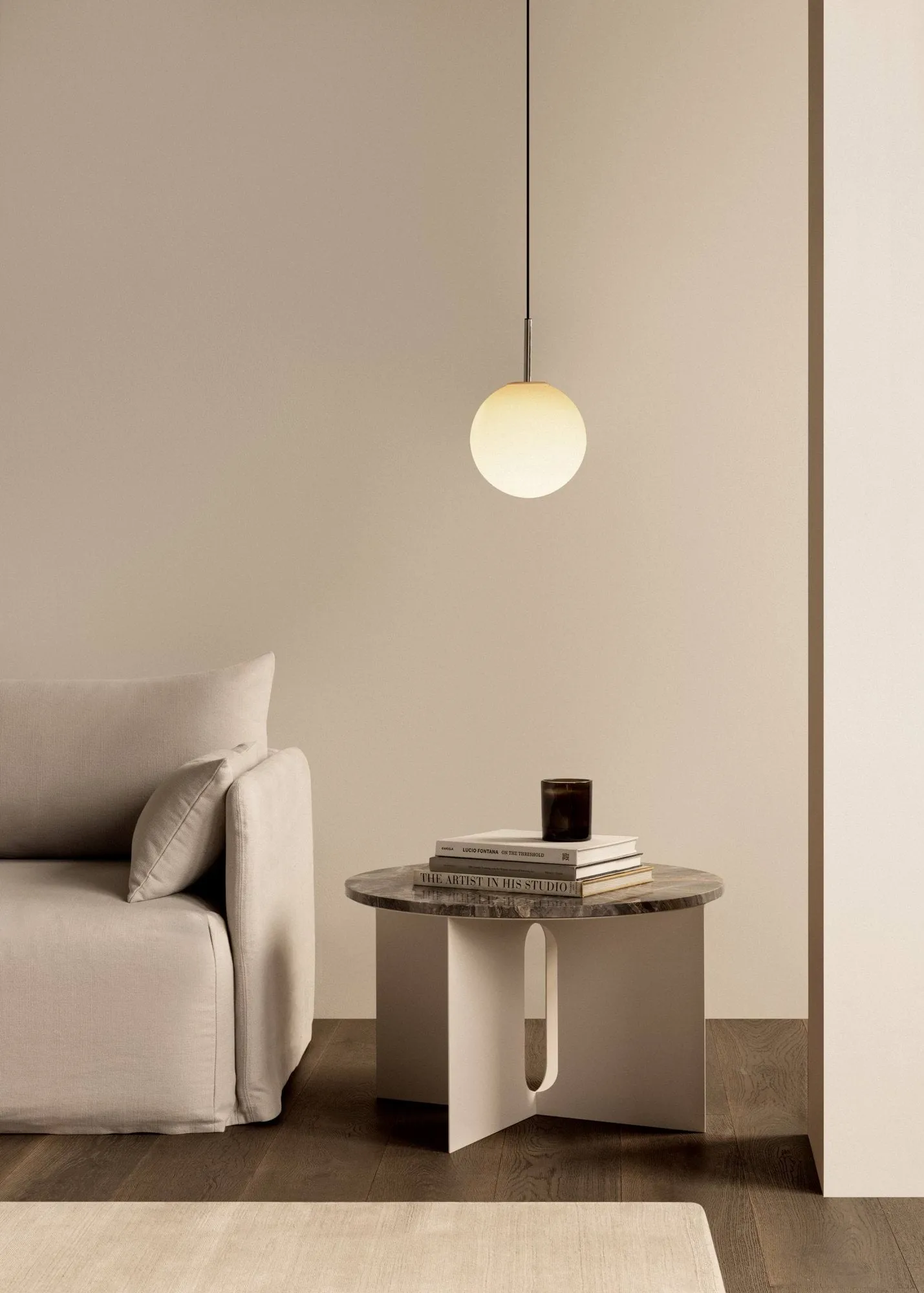 Androgyne side table, Crystal Rose marble-black steel, Ø65 cm Audo Copenhagen