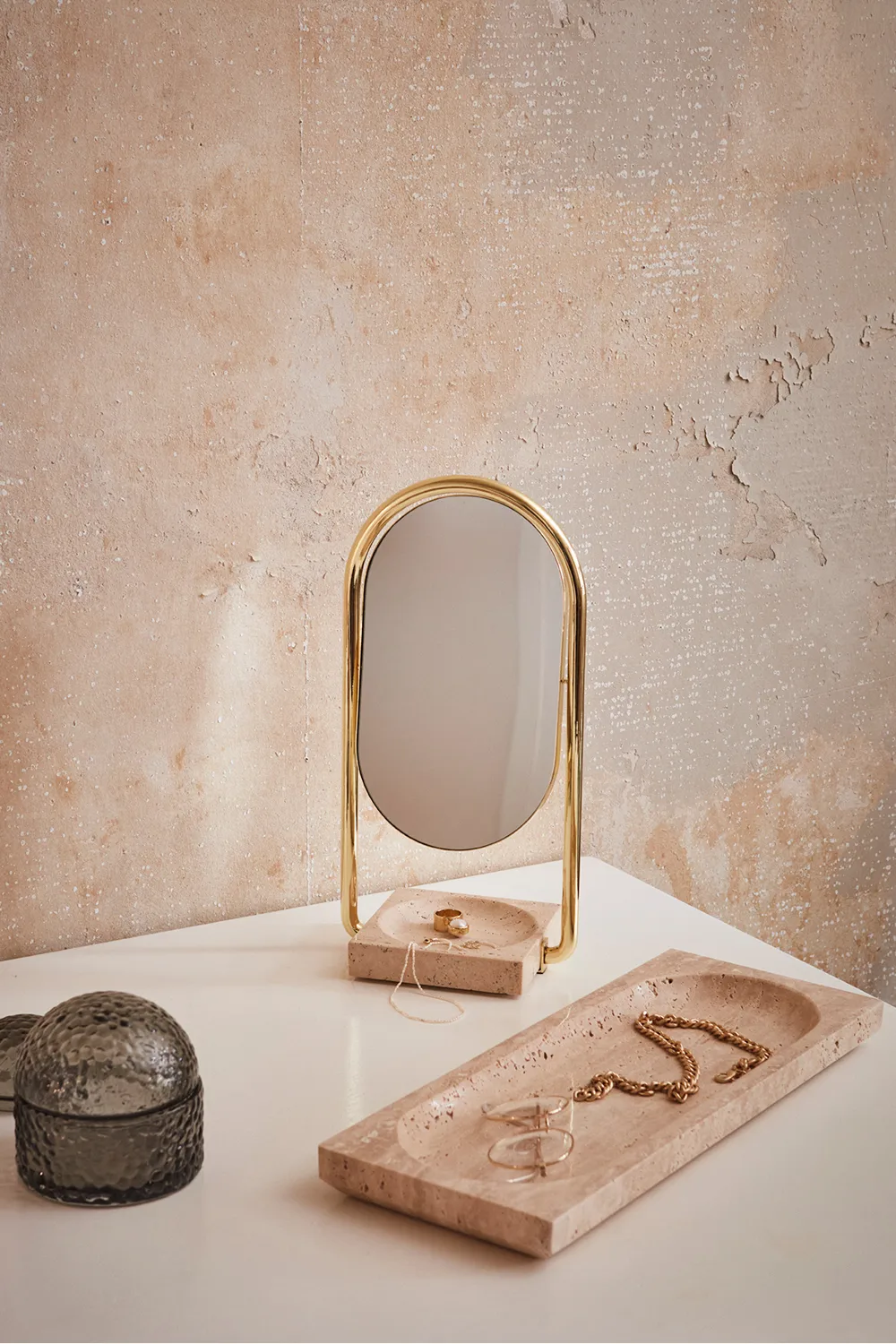 ANGUI table mirror 17.2x35 cm, Gold/travertine AYTM