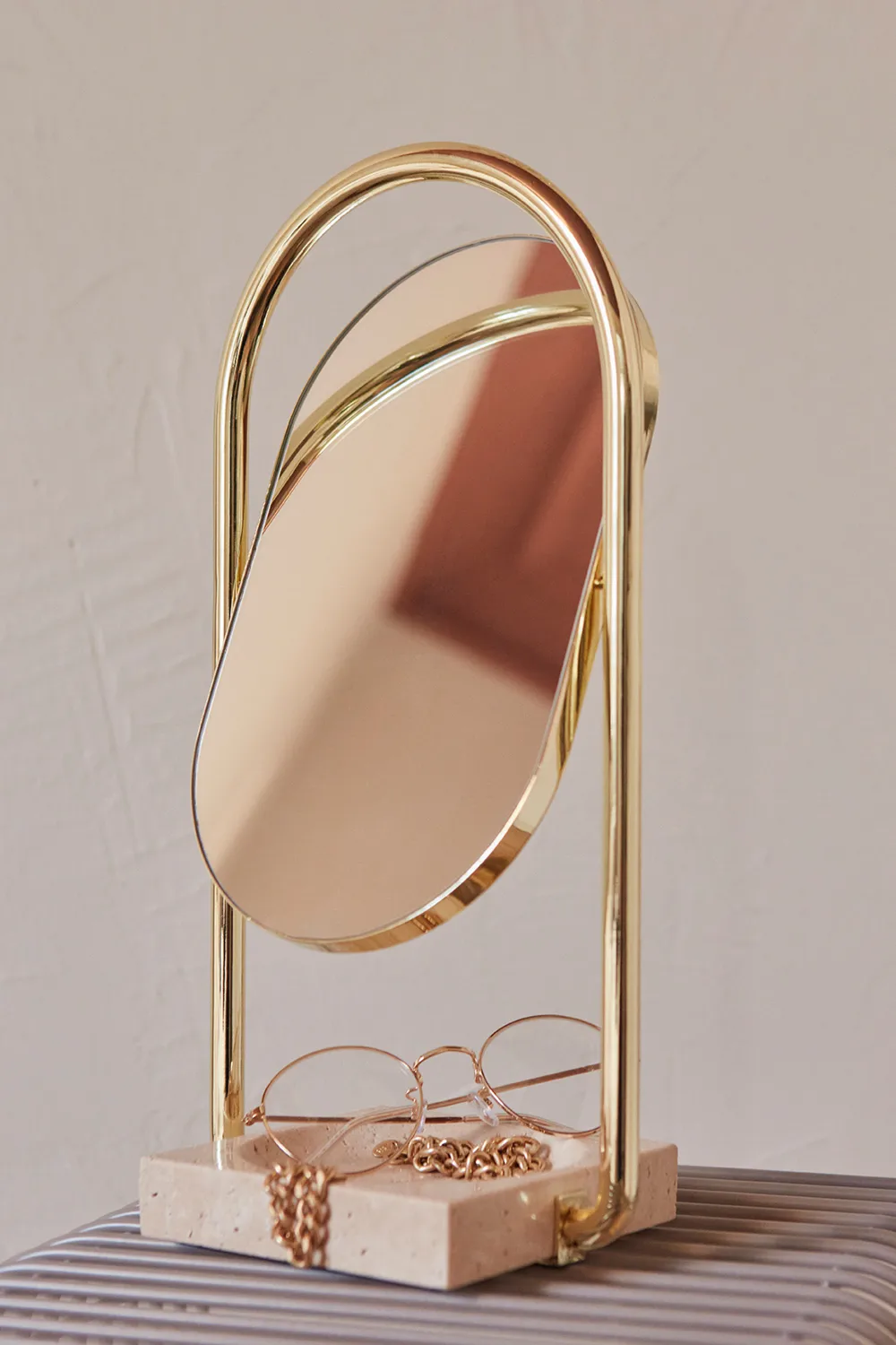ANGUI table mirror 17.2x35 cm, Gold/travertine AYTM