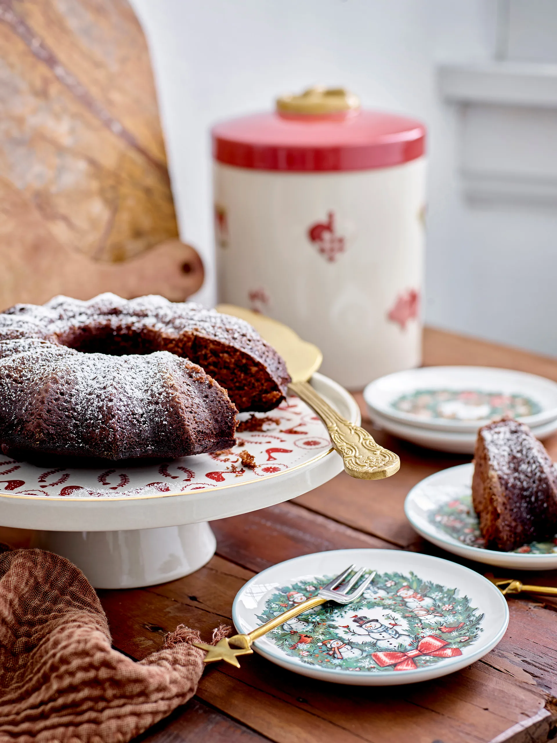 Jolly stoneware cake plate Ø26 cm, White-red Bloomingville
