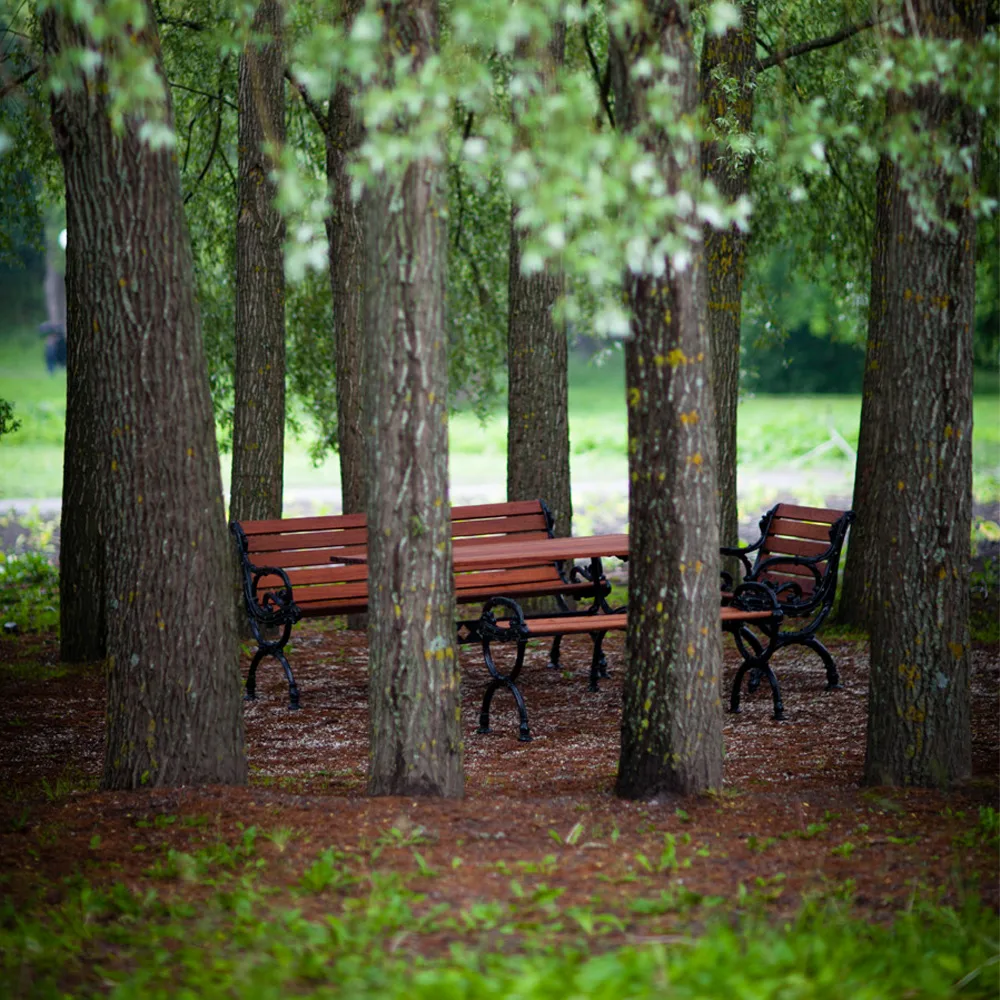 Byarum Bench, Pine impregnation, white stand Byarums bruk