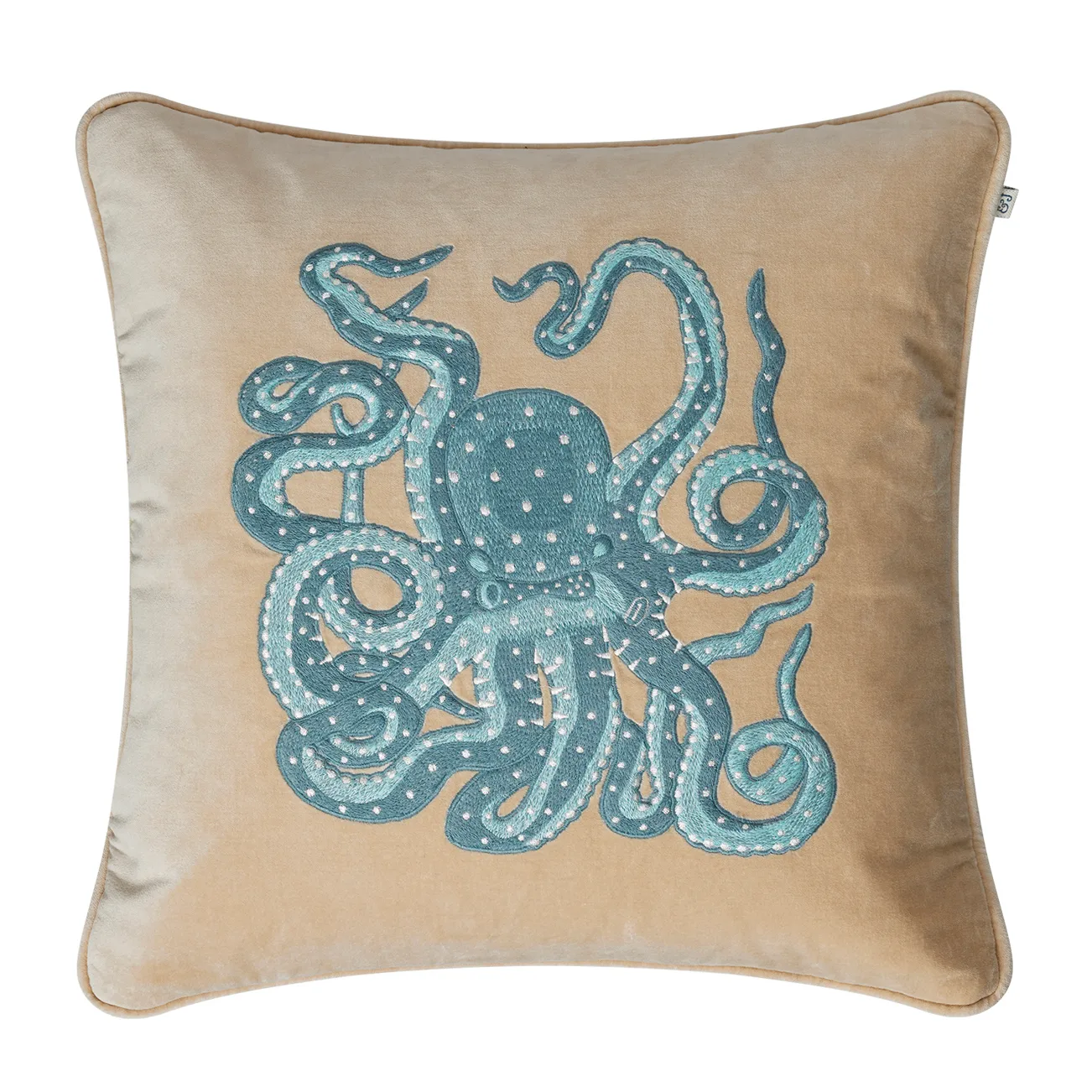Embroidered Octopus cushion cover 50x50 cm, beige-aqua Chhatwal & Jonsson