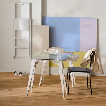 Arco desk - White lacquer, incl. box, glass tabletop - Design House Stockholm