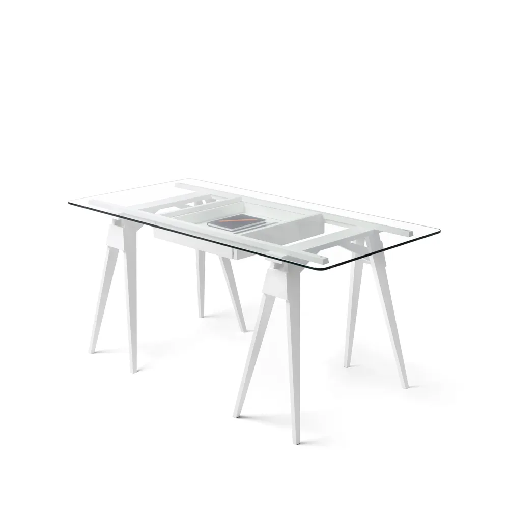 Arco desk, White lacquer, incl. box, glass tabletop Design House Stockholm