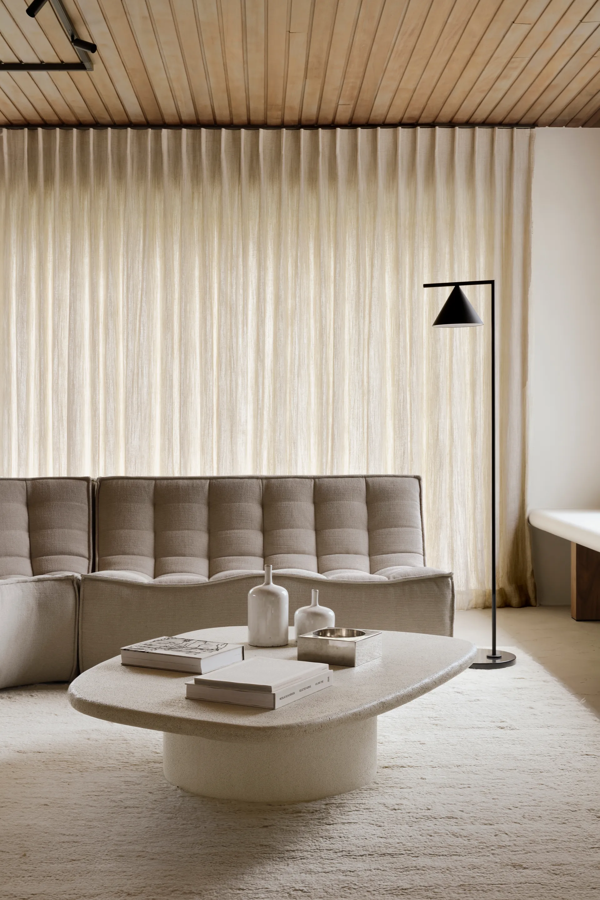 N701 modular corner sofa with straight corner, fabric Ecru Beige, 301x231 cm Ethnicraft
