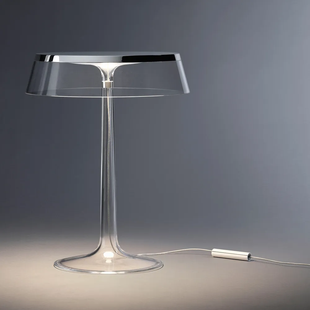 Bon Jour T table lamp, Orange fabric shade - matte chrome Flos