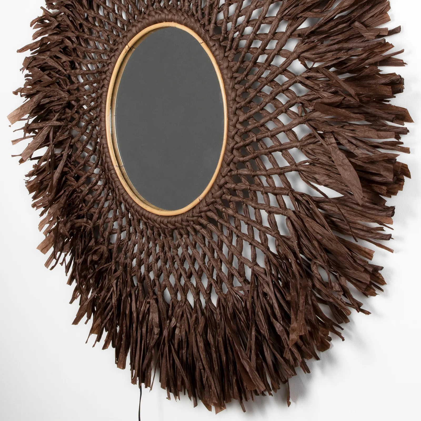 Boho wall lamp with mirror Ø90 cm, brown Globen Lighting