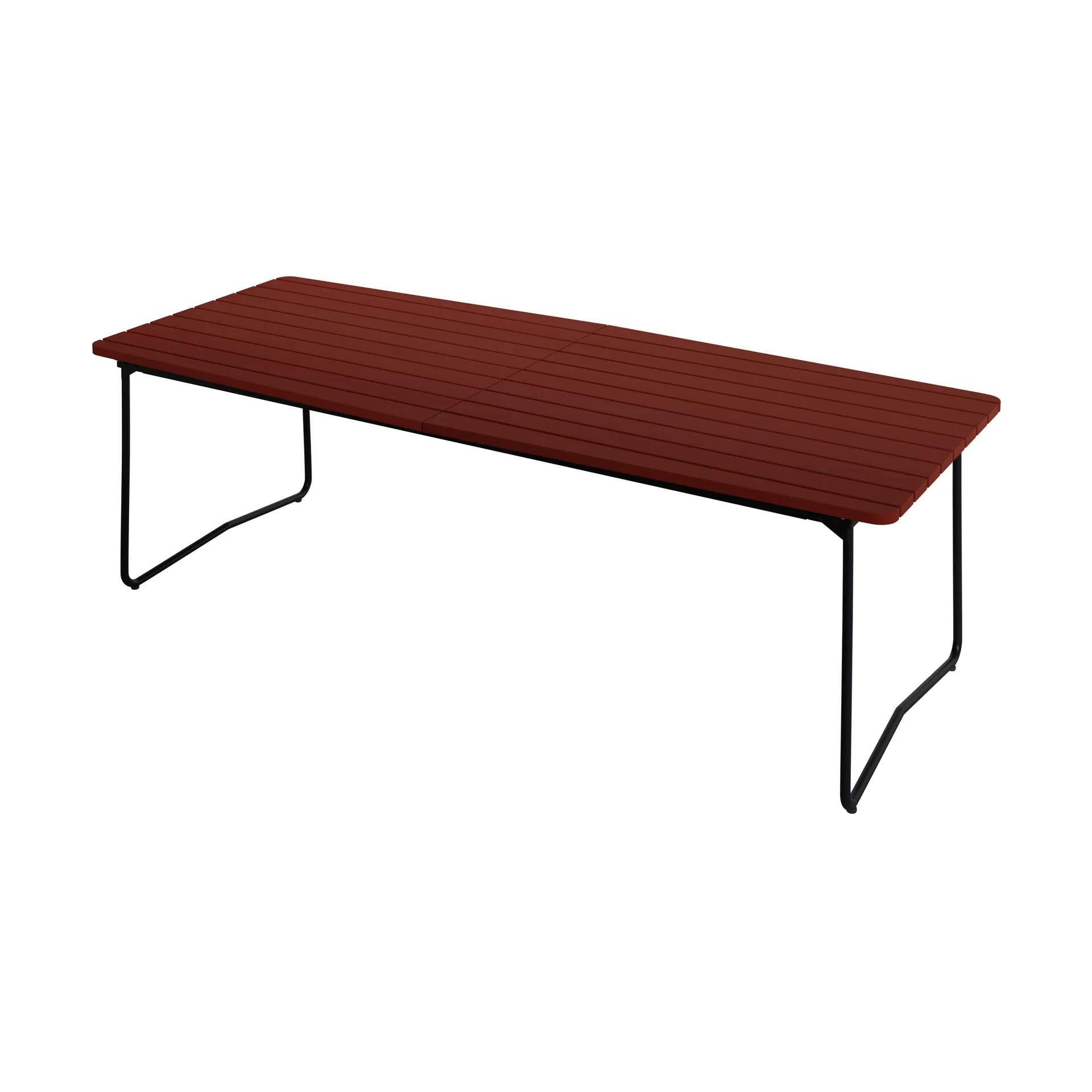 B31 dining table, Dark red lacquered oak-black steel base, 230x92 cm Grythyttan Stålmöbler