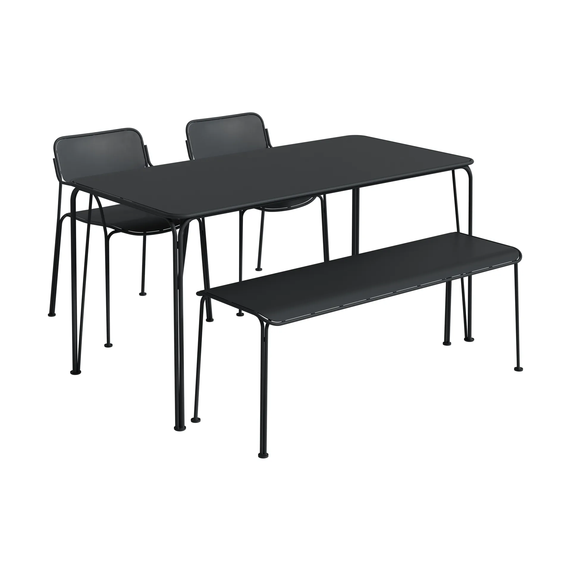 Libelle table 140 + 2 chairs + bench, graphite grey,  Grythyttan Stålmöbler