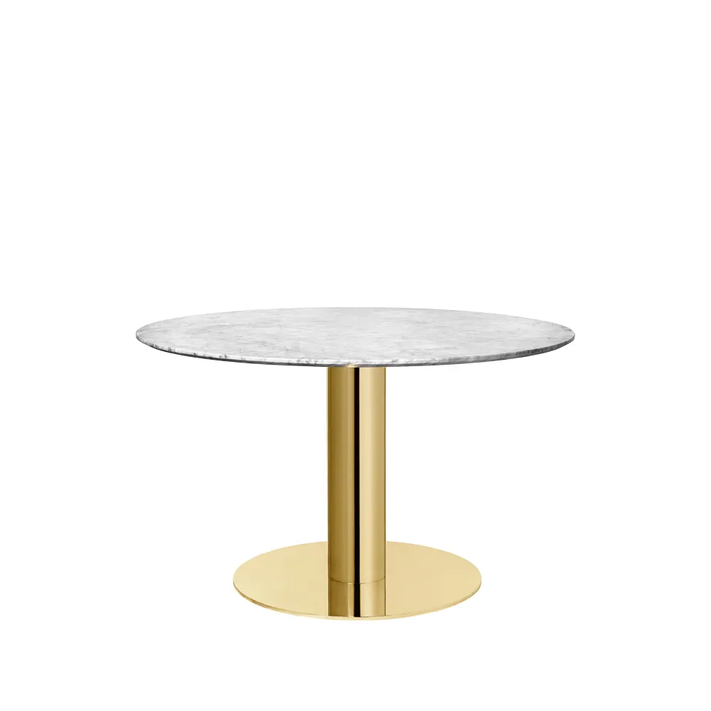 Gubi 2.0 dining table, Marble white. ø110. brass stand GUBI