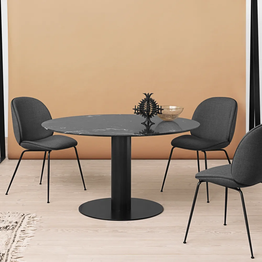 Gubi 2.0 dining table, Marble white. ø110. brass stand GUBI