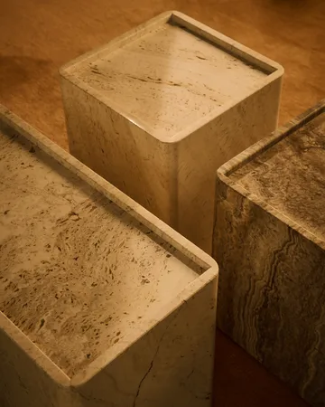 Pietra side table 33x33x40 cm - Neutral white travertine - GUBI