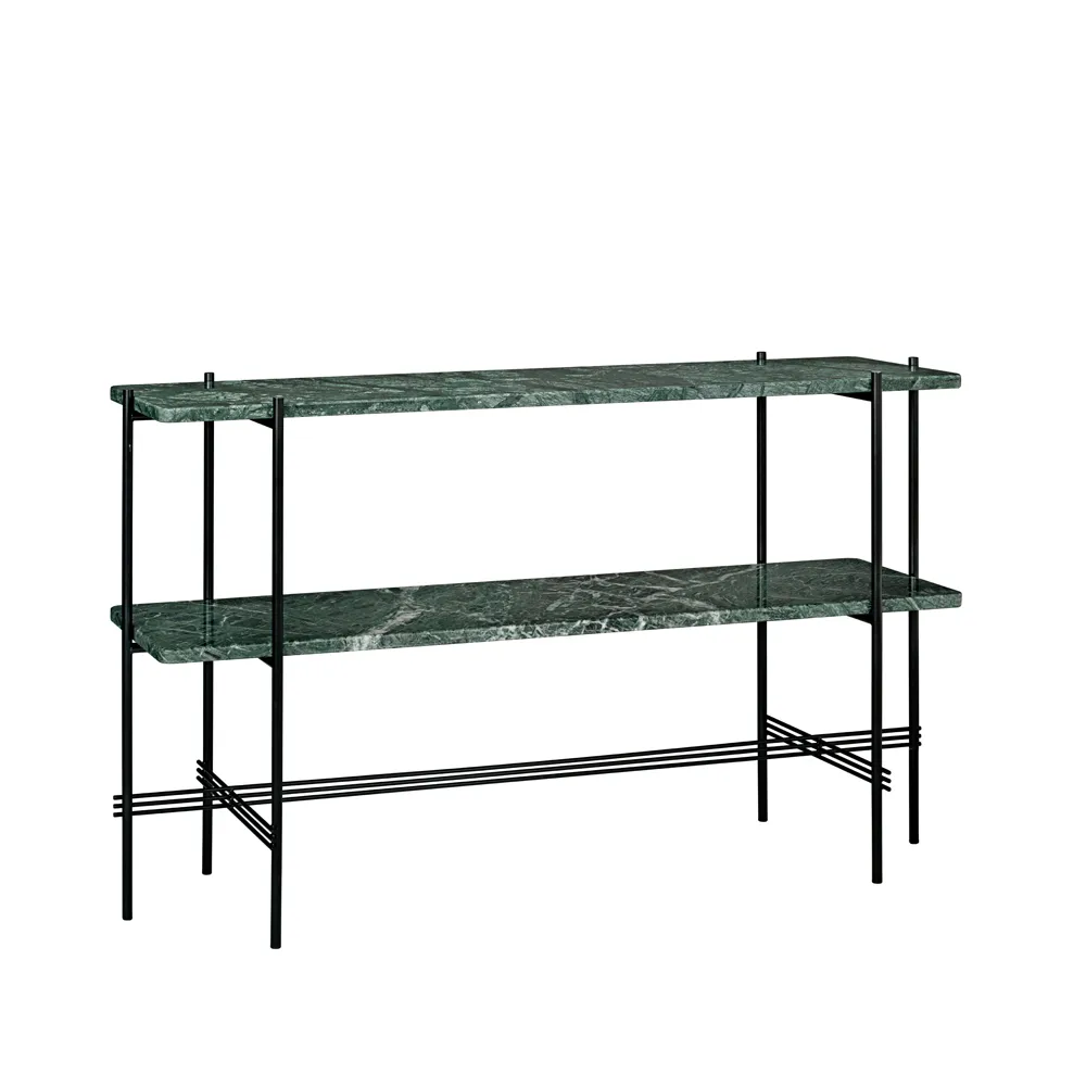 TS Console table 120x30x72 cm, Green guatemala marble, black legs, 2 marble shelves GUBI