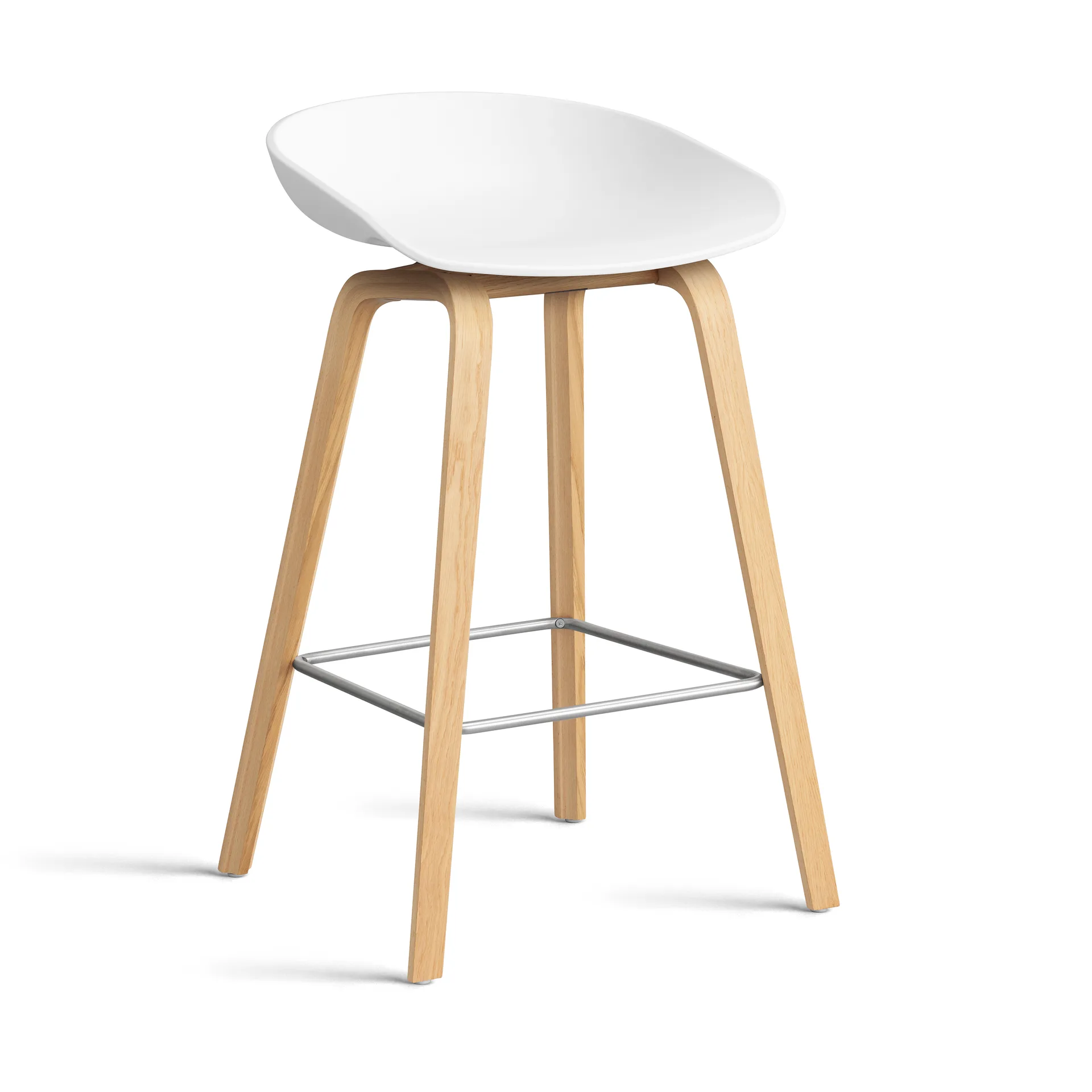 About a Stool AAL32 Low 2.0 bar stool lacquered oak base, White-stainless steel footrest HAY