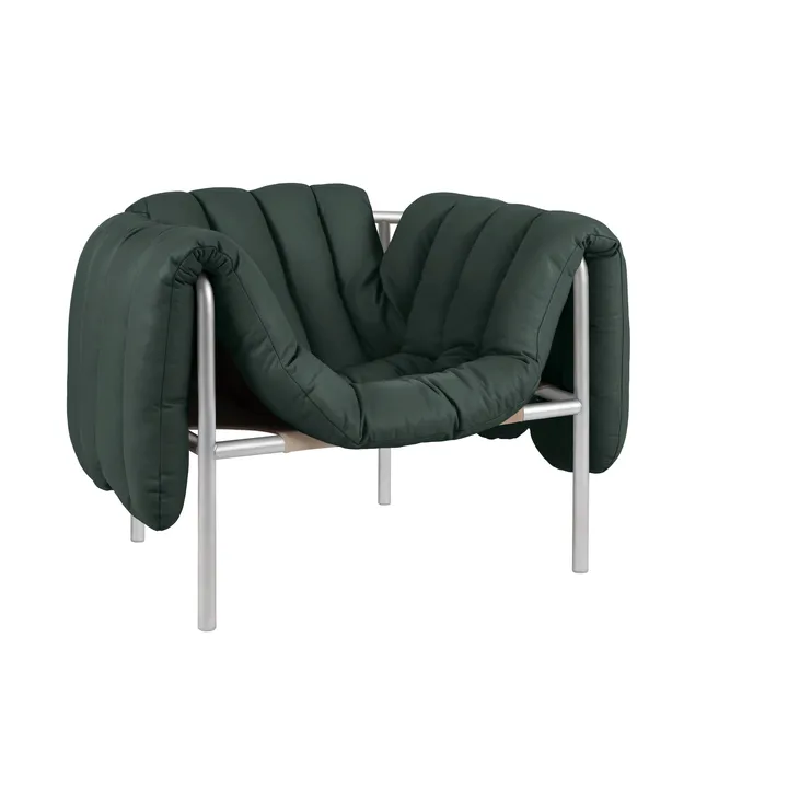 Puffy lounge chair - Dark green leather-stainless steel - Hem
