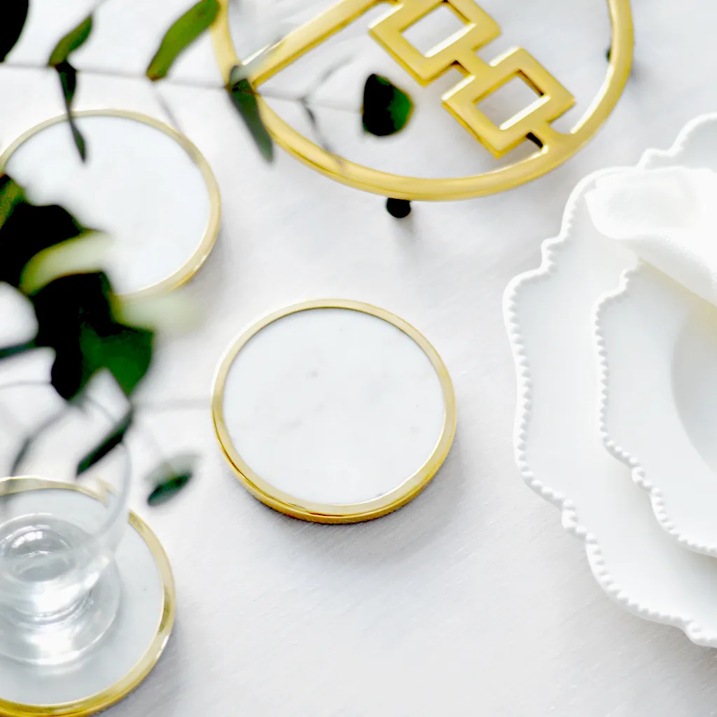 Hilke Collection coaster 4-pack, White marble-solid brass Hilke Collection