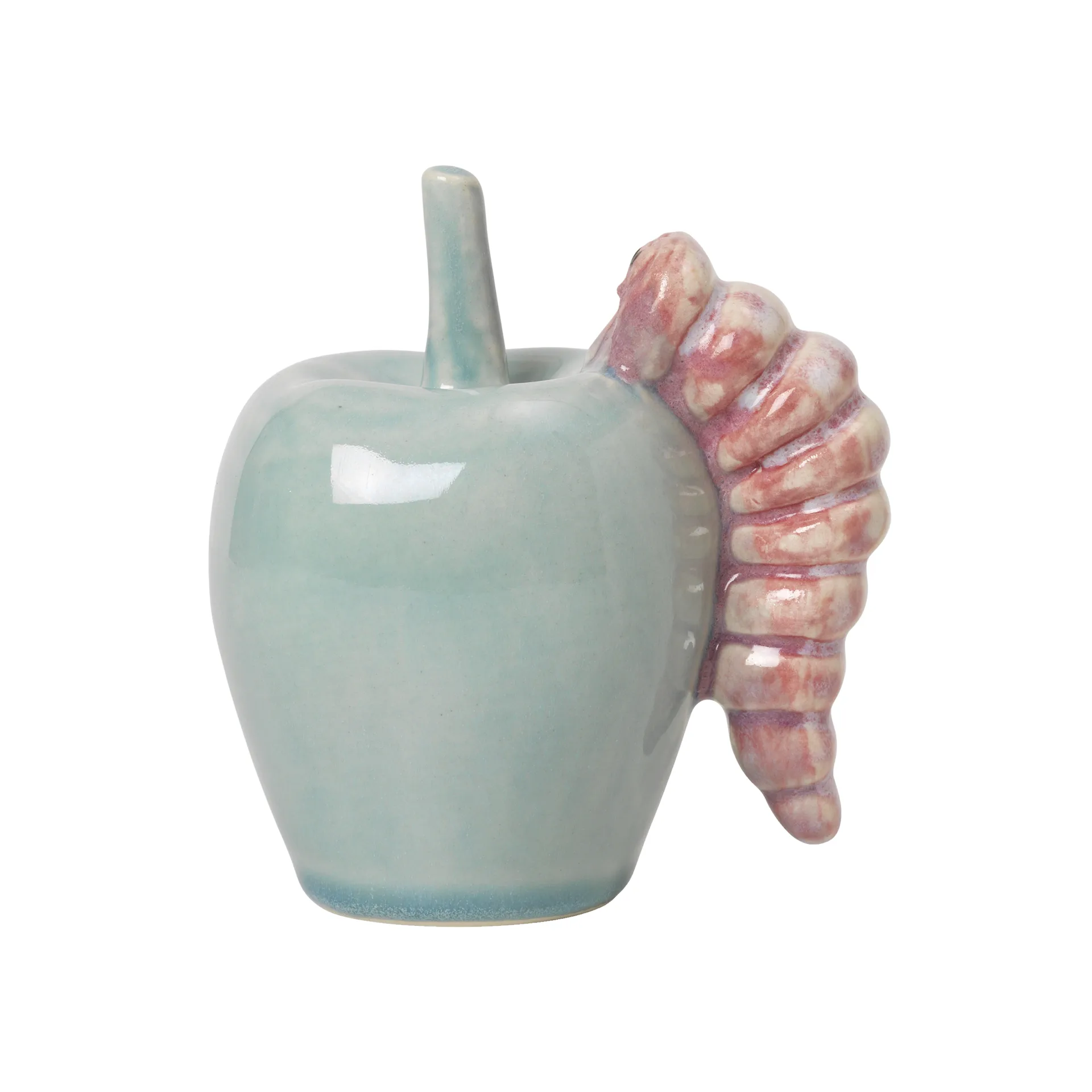Poppery apple with worm decoration, Mint-pink Kähler