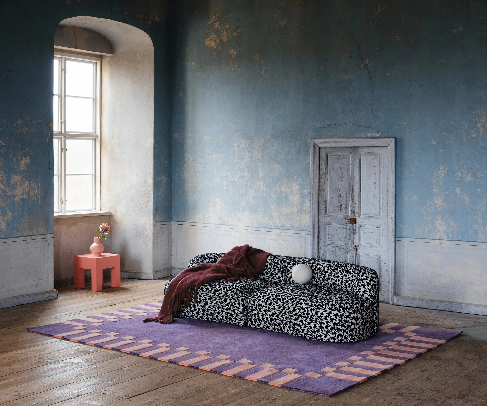 Teklan frame wool rug, Cobalt salmon, 200x300 cm Layered