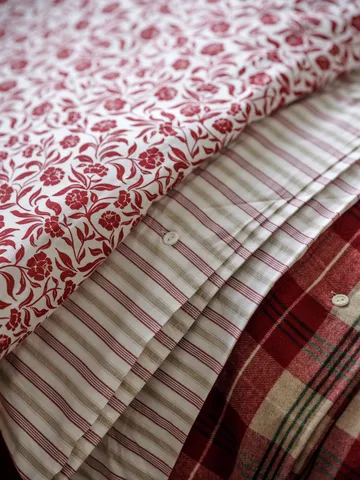 Checked cotton flannel bedding set - Red-beige-green-white - Lexington