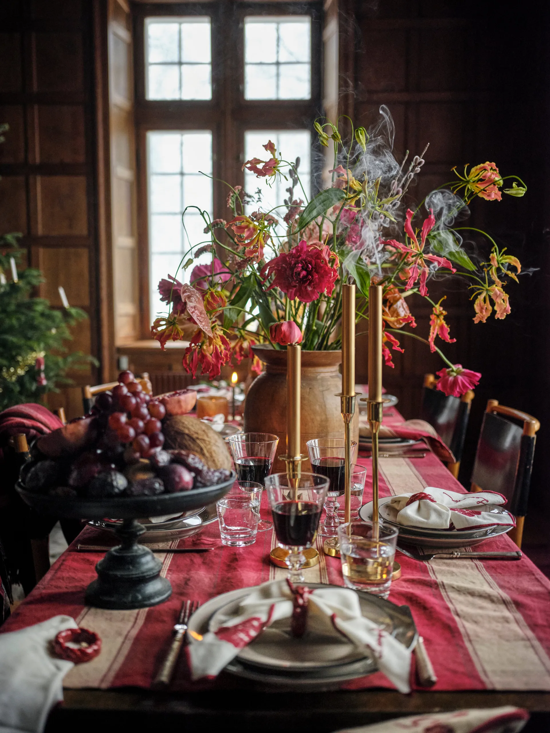 Checked linen-cotton tablecloth 150x250 cm, Red-beige Lexington