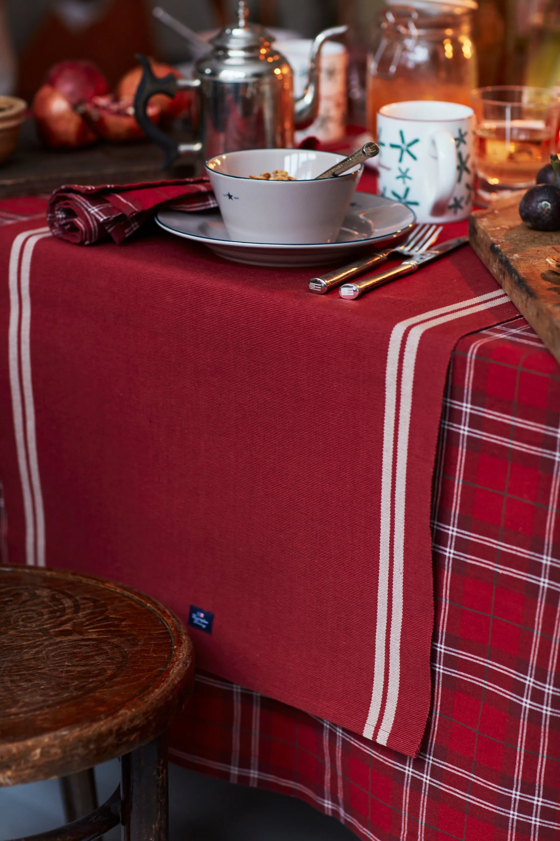 Checked Organic Cotton Oxford tablecloth 150x350 cm, Red-beige-green Lexington