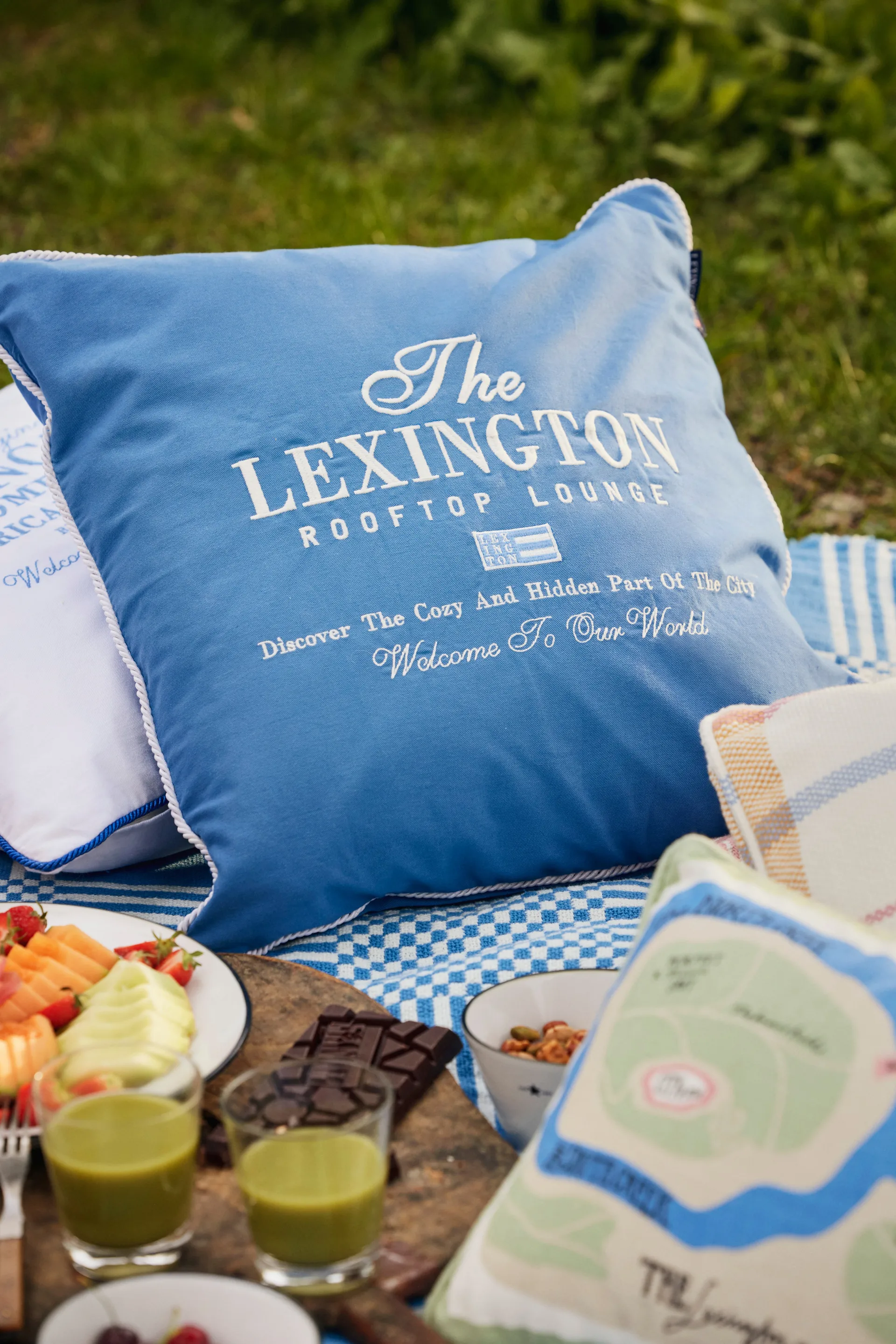 Checked Recycled Cotton Picnic Blanket 150x150 cm, Blue Lexington