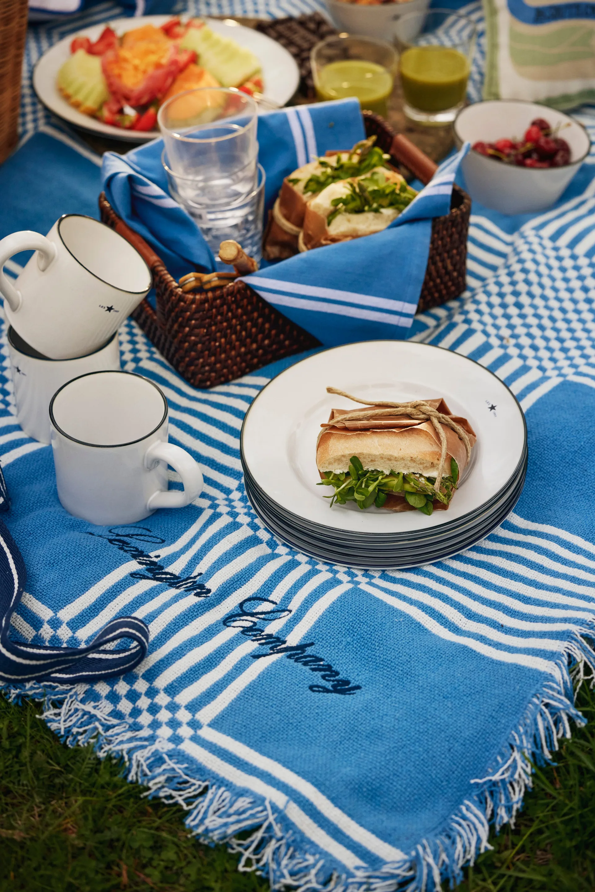 Checked Recycled Cotton Picnic Blanket 150x150 cm, Blue Lexington