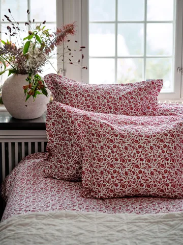 Flower printed cotton sateen bedding set - White-Red - Lexington