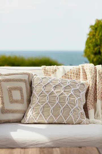Striped Structured Recycled cotton throw 130x170 cm - Beige-white - Lexington