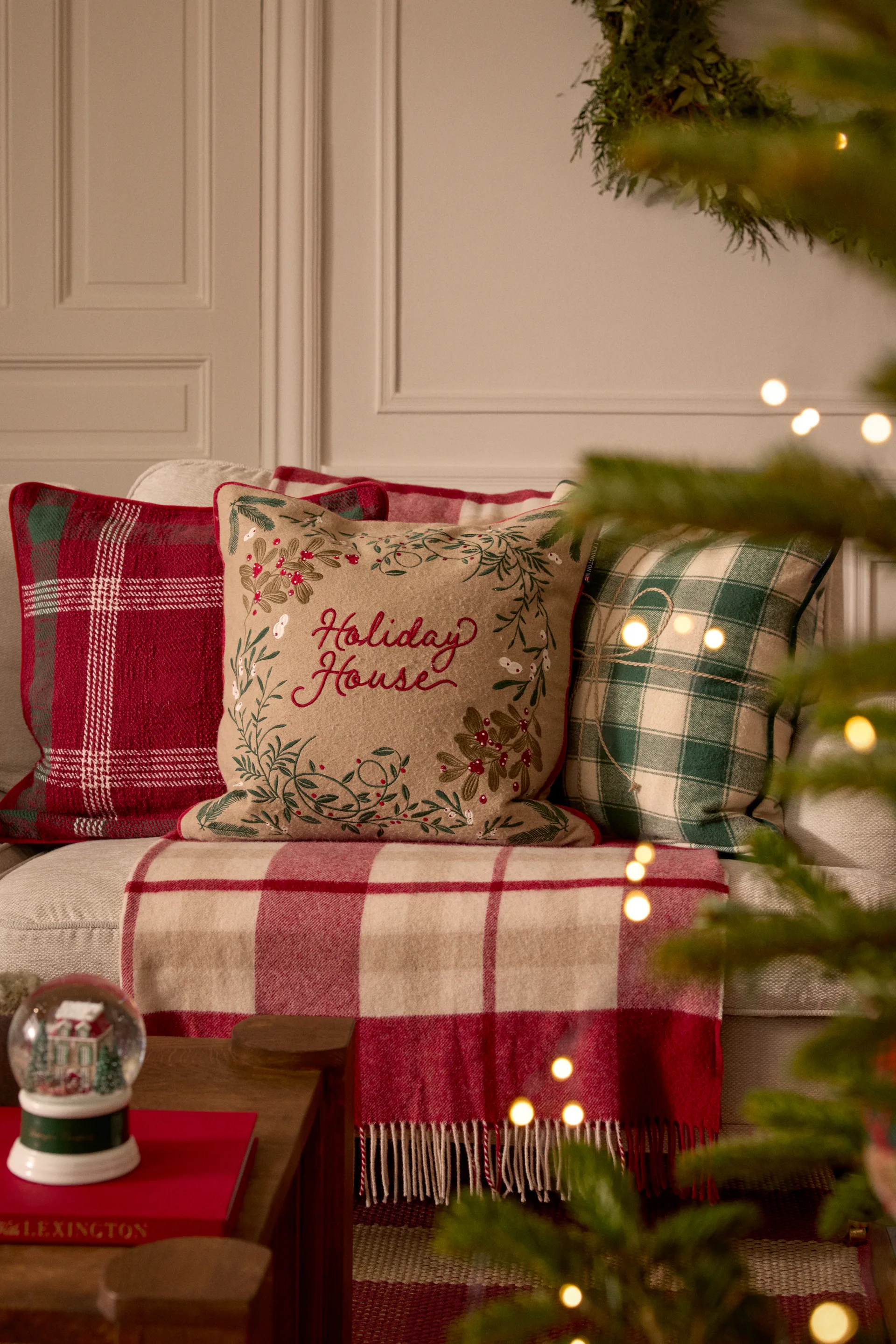 Wrapped checked eco flannel cushion cover 50x50 cm, Light beige-green Lexington