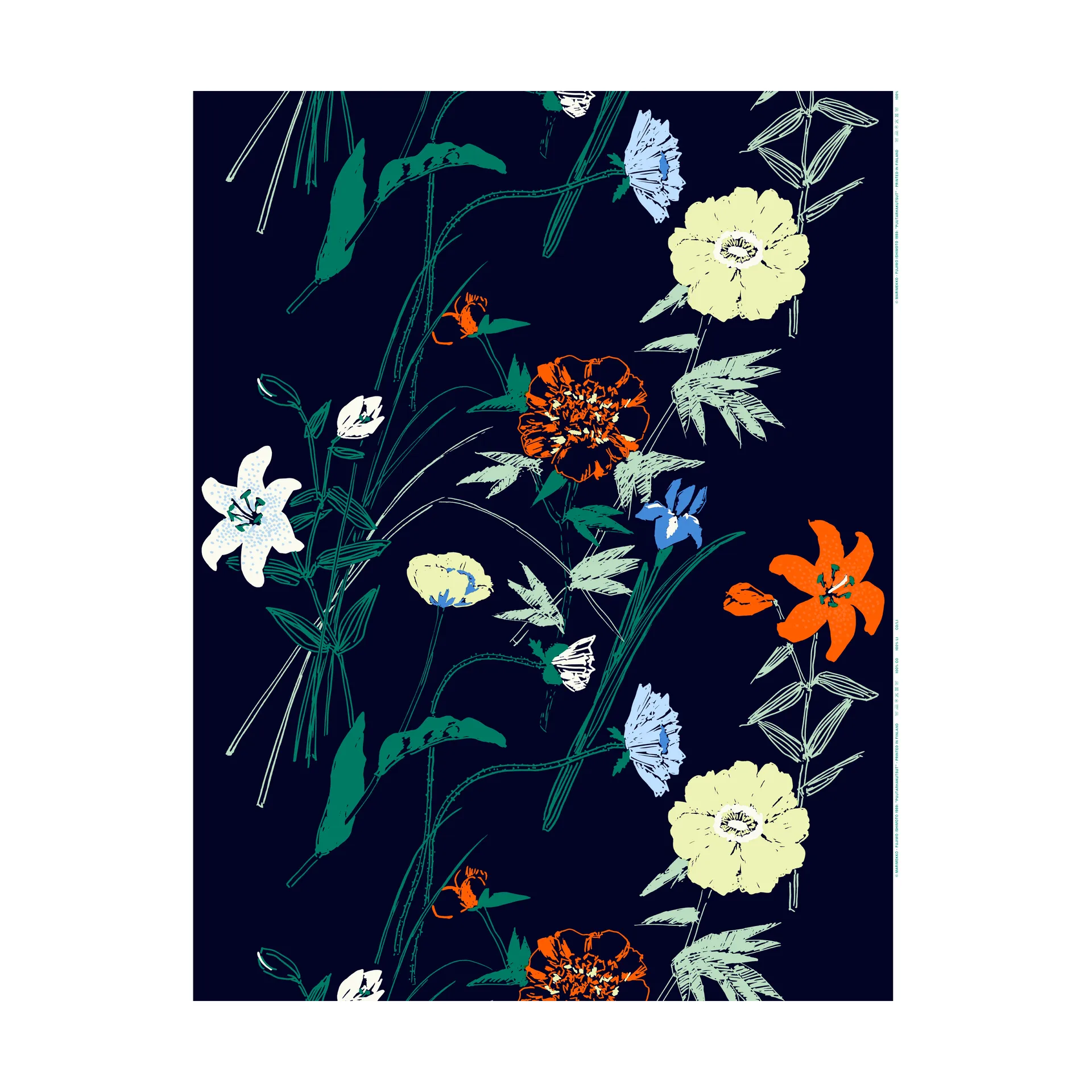 Puutarhakutsut cotton fabric, Navy-green-lemon-orange Marimekko