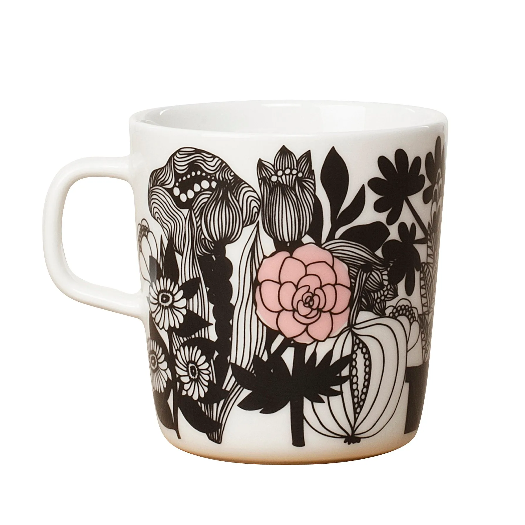 Siirtolapuutarha tea mug, black-white-pink Marimekko