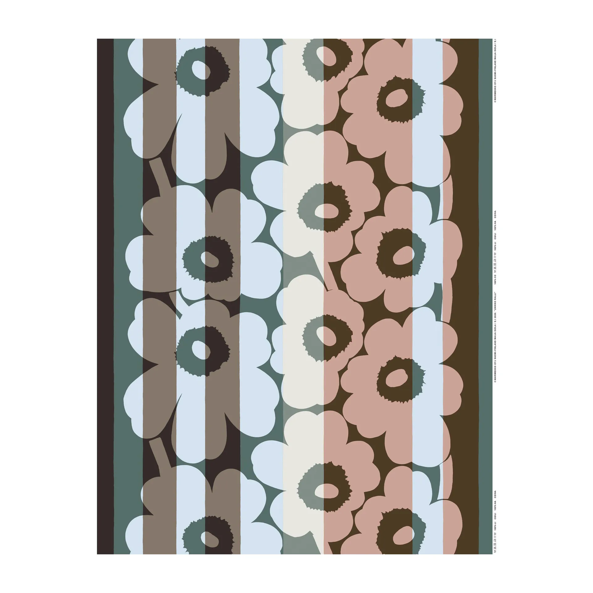 Unikko Ralli fabric, Brown-petrol-light red Marimekko