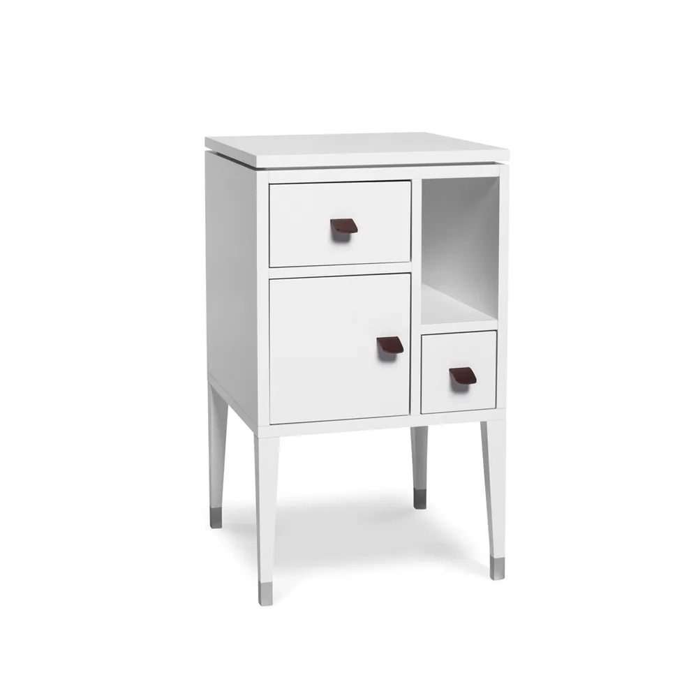 Abisko high leg bedside table, white, handle in brown elk leather cm Mavis