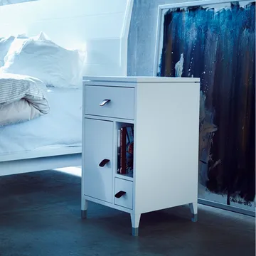 Abisko low leg bedside table - white, handle in brown elk leather - Mavis