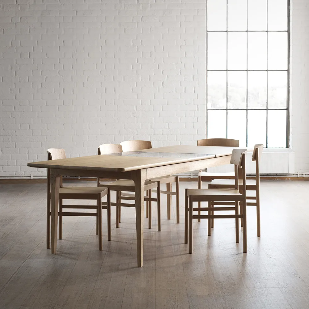 Höllviken dining table, Oak white-pigmented matte lacquer-2 insert-oak at 50 cm Mavis