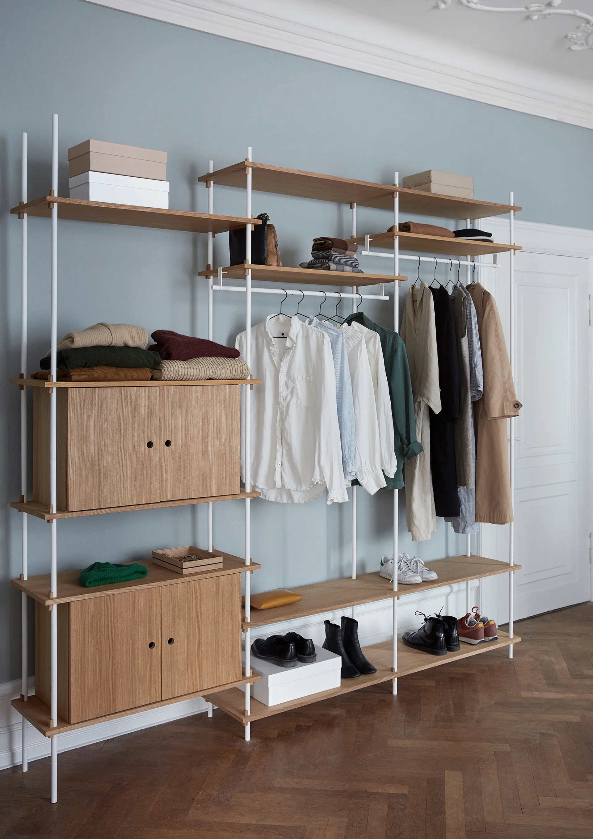 Shelving System shelf with cabinet, Smoked oak-warm grey, 163x85x35 cm, S.85.2.C MOEBE