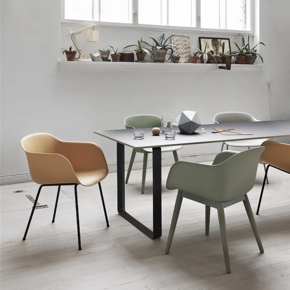 70/70 dining table 255x108 cm, White laminate-Plywood-Sand Muuto