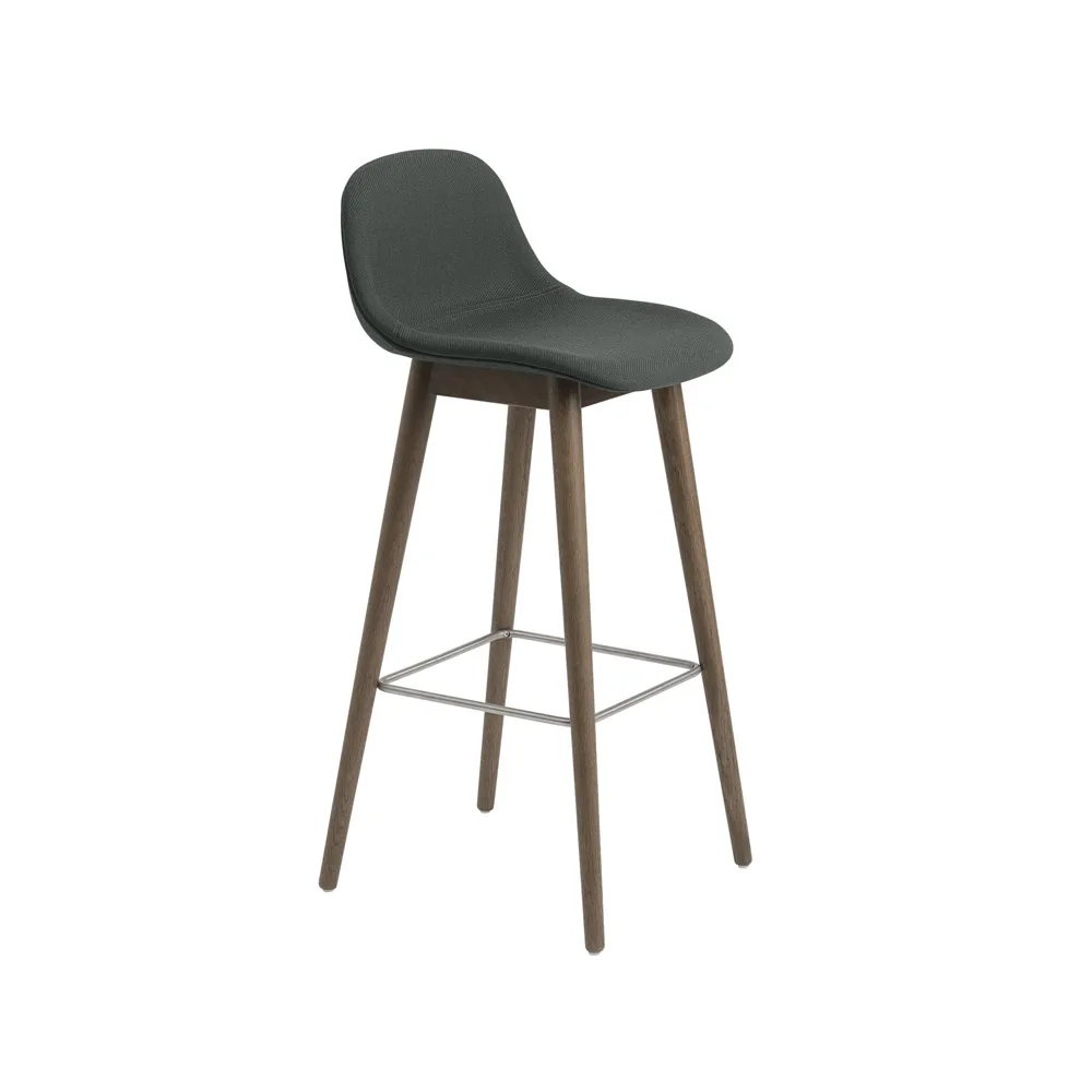 Fiber barstool with backrest 65 cm, Fabric twill weave 990 dark green-brown stained oak legs Muuto