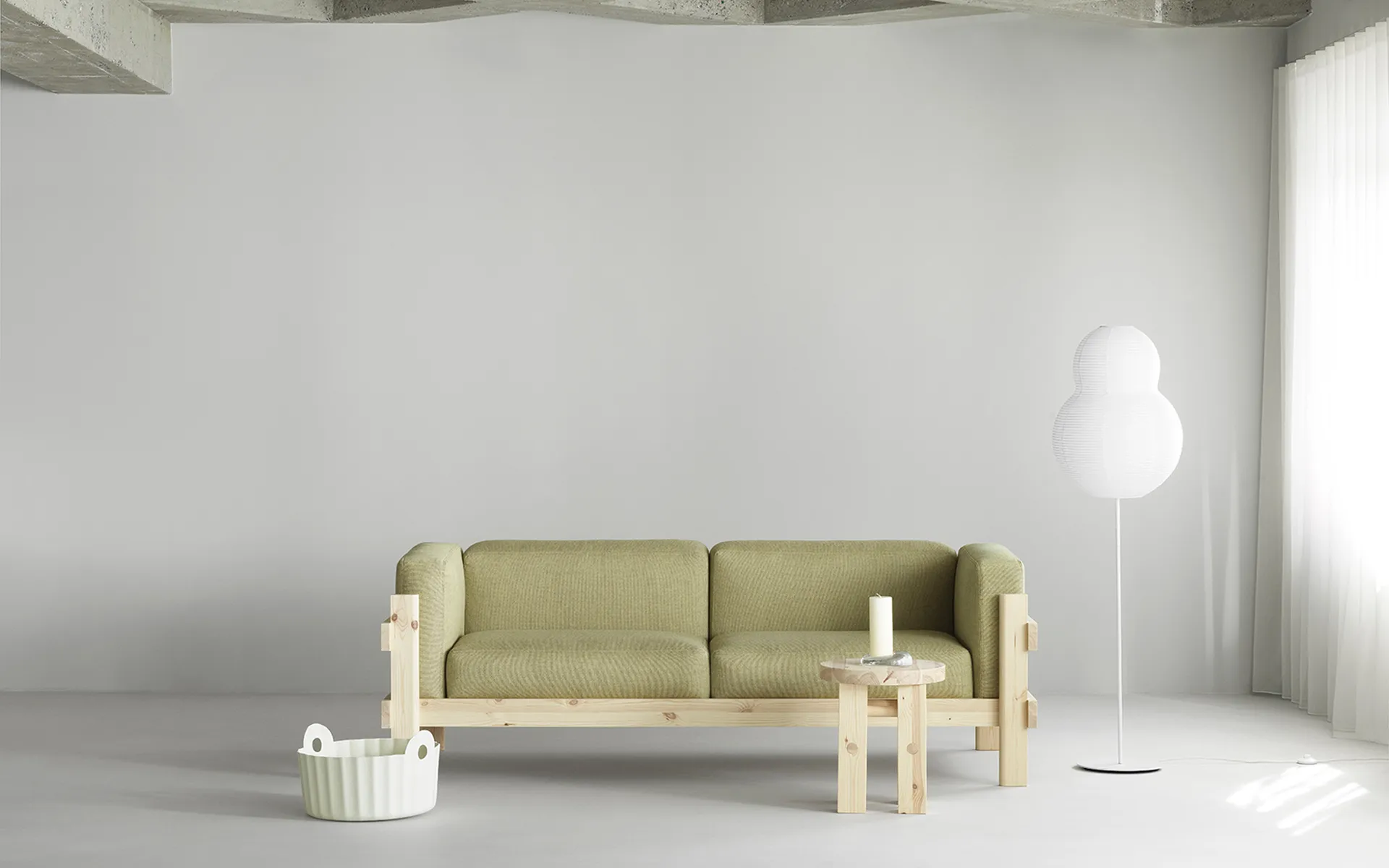 Kube sofa, Lacquered pine-fabric Remix 143 Grey, 220 cm Normann Copenhagen