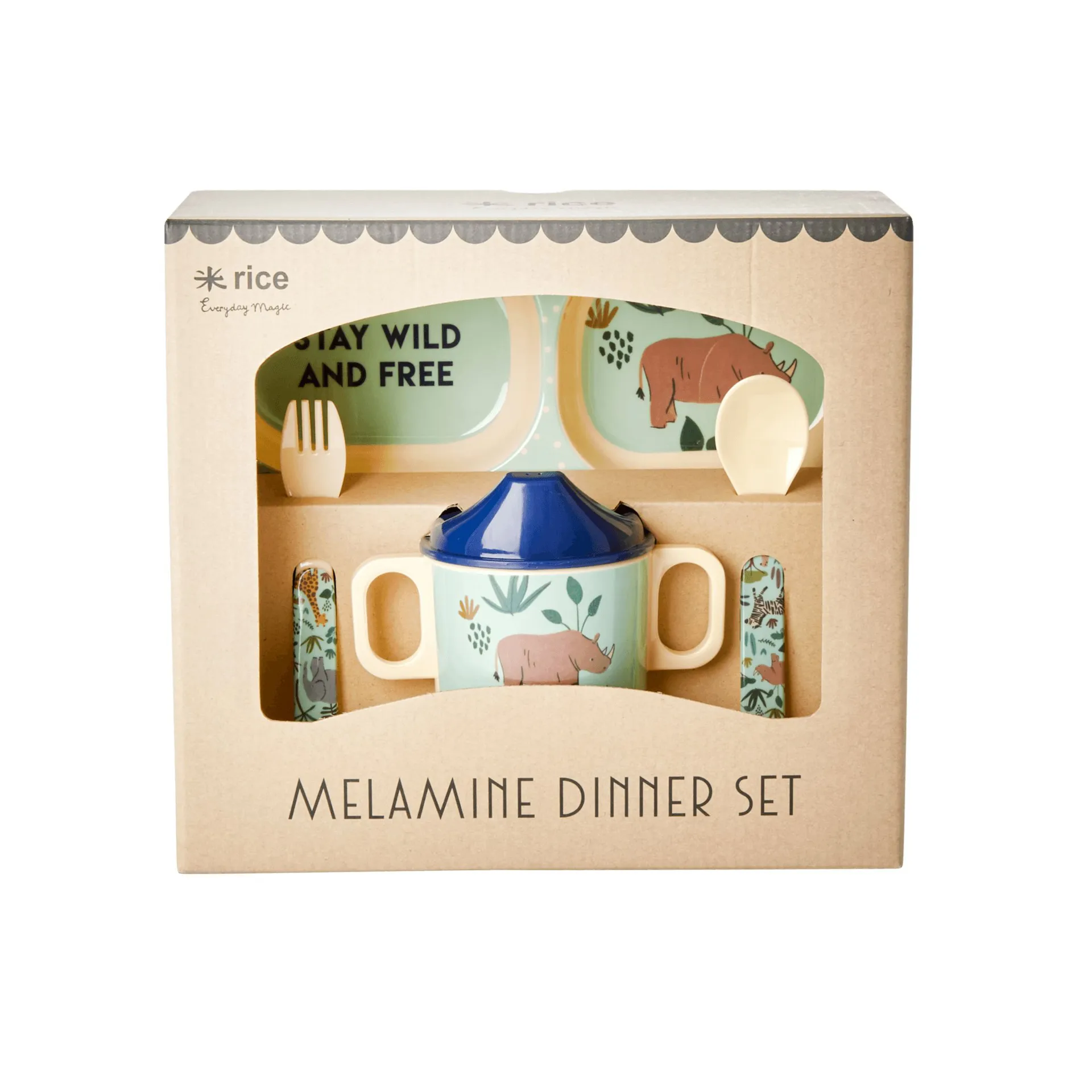 Rice children's dinnerware Jungle animals 4 pieces, blue RICE