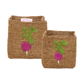 Rice raffia storage basket 2 pieces - Radish Embroidery-Tea - RICE