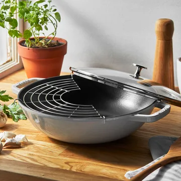 Staub cast iron wok pan with glass lid Ø30 cm - White truffle - STAUB