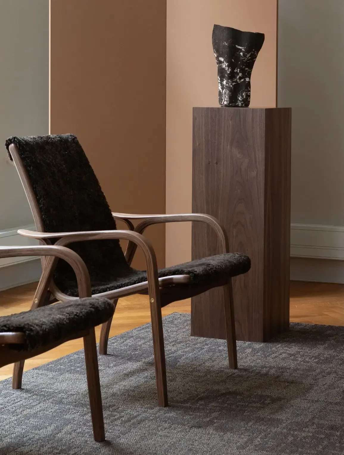 Laminett armchair, Sheepskin Charcoal-lacquered beech Swedese