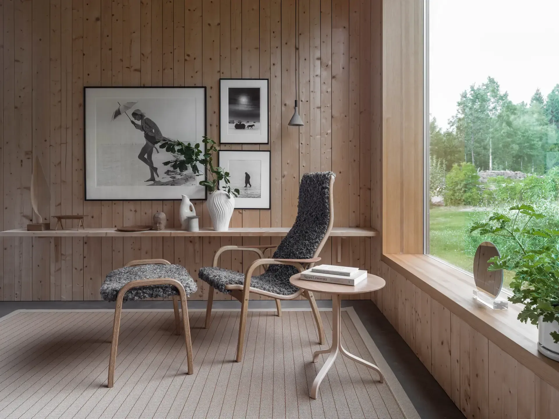 Lamino armchair and footstool, Sheepskin Espresso-oiled oak Swedese