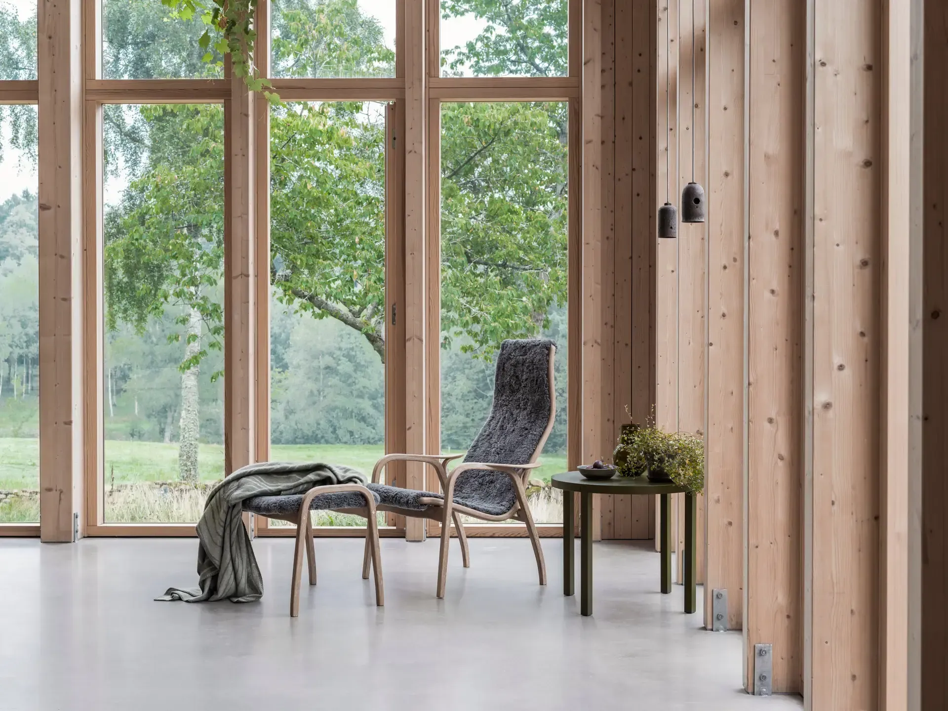 Lamino armchair, Sheepskin Scandinavian grey-lacquered walnut Swedese