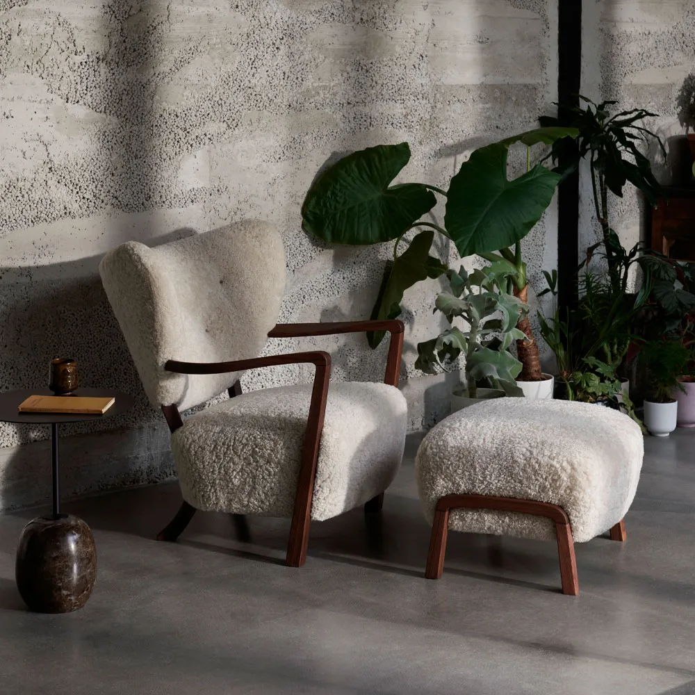Wulff ATD3 footstool, Fabric karakorum 003 beige, white-oiled oak legs &Tradition