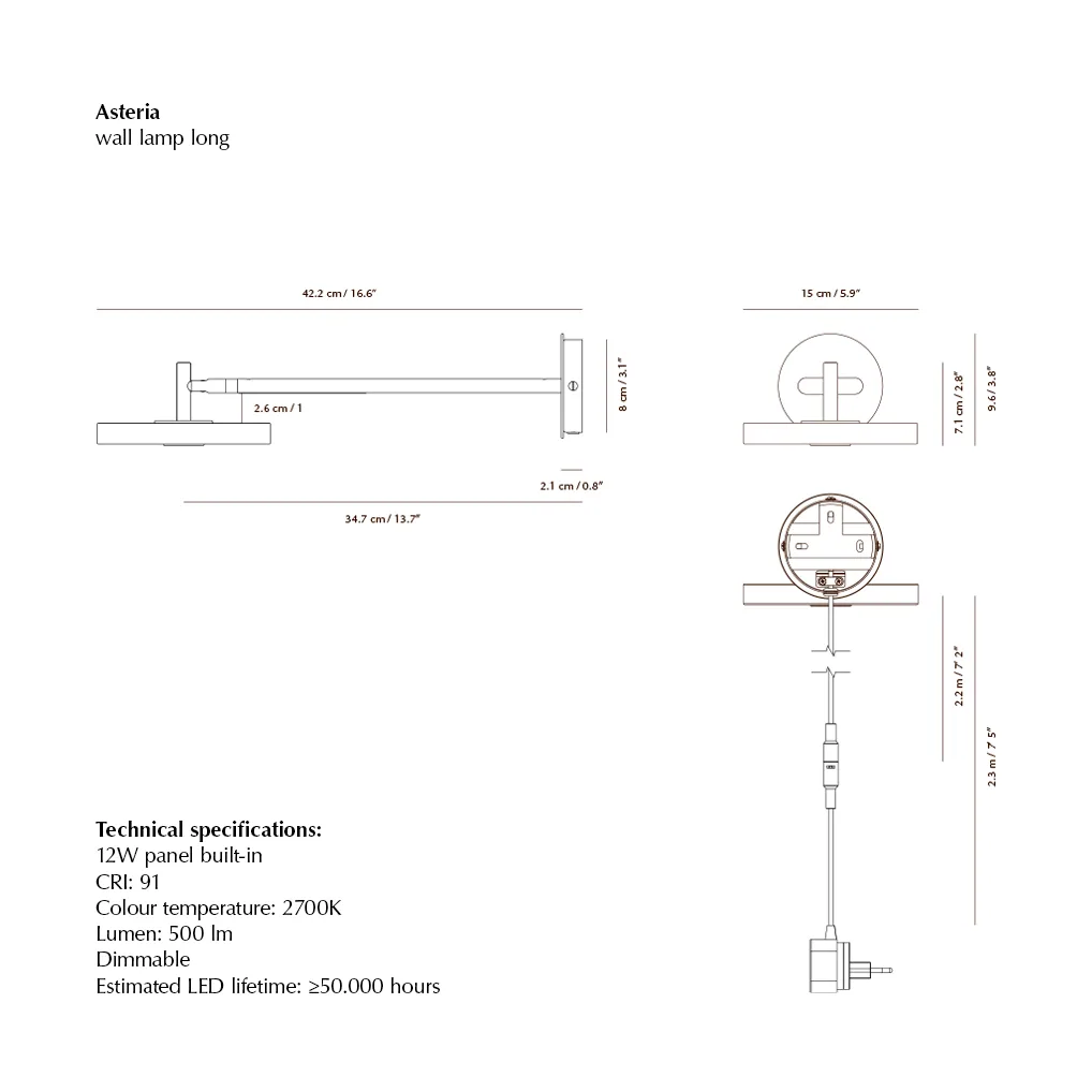 Asteria Wall wall lamp, Long, Black-chrome Umage